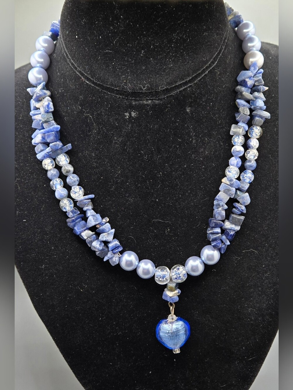Artisan Handmade Necklace Blue Stone Sodalite Faux Pearls Art Glass